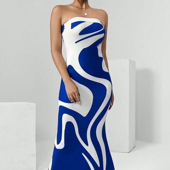 Blue Preppy Womens Graphic Two Tone Bodycon Tube Dress - Picture 4 of 5